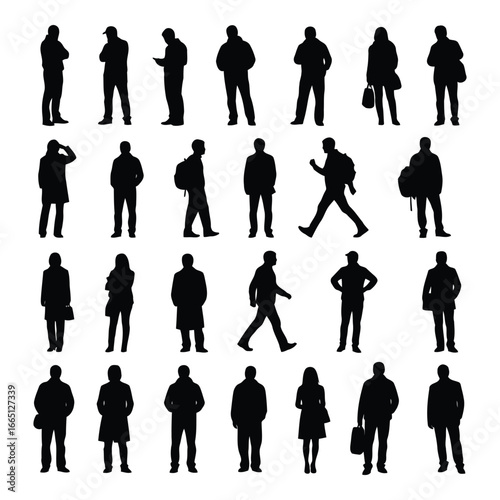 Diverse crowd silhouettes collection people standing walking posing for architectural design and illustration silhouette