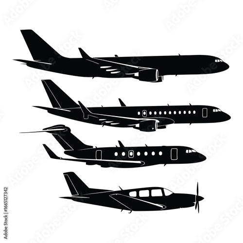 Diverse fleet of aircraft silhouettes showcase commercial jets private jets and propeller planes silhouette