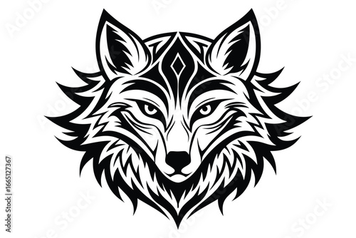 Wolf Head in Tribal Style with Sharp Details and White Background Design
