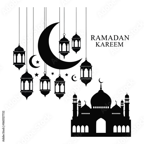 Ramadan kareem islamic symbols festive mosque crescent moon hanging lanterns celebration eid greetings silhouette