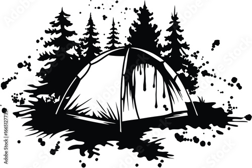 Tent among Trees Silhouette Vector, Outdoor Adventure, Camping in Nature Scenery