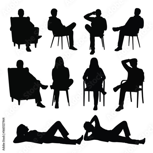 Diverse silhouettes of people in various seated and reclining poses for design projects silhouette