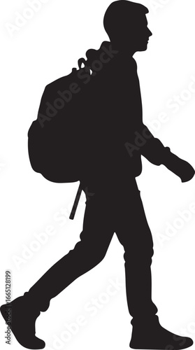 Black silhouette of a young man walking with a backpack