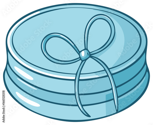 Cute cartoon illustration of a round light blue gift box with a simple bow