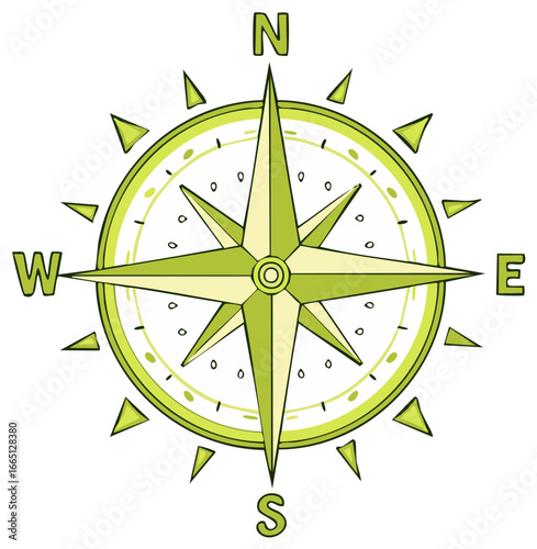 Stylized Green Compass Rose Illustration with Cardinal Directions for Navigation and Mapping Activities or Directional Symbolism