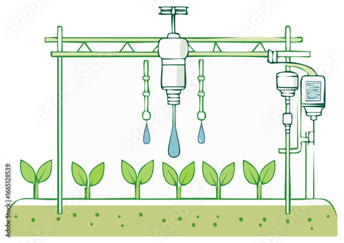 Automated irrigation system watering seedlings in a greenhouse.