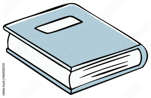 Simple cartoon illustration of a closed light blue hardcover book with a blank rectangular label on the cover