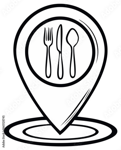 Restaurant location icon with fork, knife, and spoon inside a map pin