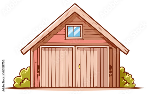 Illustration of a cartoon-style wooden shed, featuring double doors and a window on a white backdrop