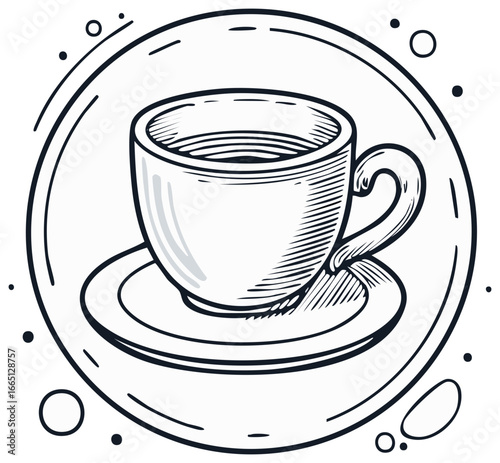 Coffee cup and saucer graphic in a circular design.