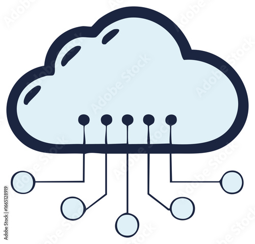 Cloud computing technology icon with network connection nodes and data transfer circuit