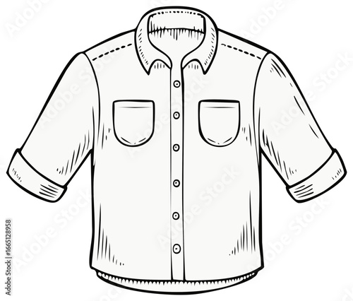 Hand drawn illustration of a button down shirt with rolled up sleeves and two pockets