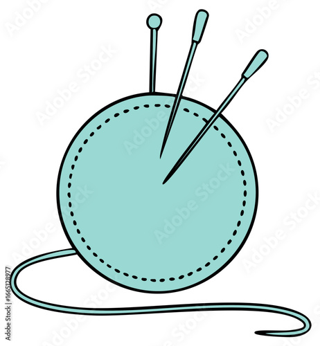 Illustration of a blue pincushion with sewing needles used in sewing craft