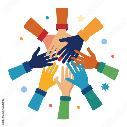 Diverse hands unite in teamwork and celebration, radiating positivity and strength, symbolizing collaboration, unity, and shared success for a vibrant future thanks to common goals