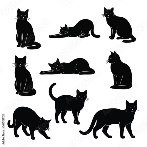 Collection of nine black cat silhouettes in various poses demonstrating graceful movements and alertness silhouette