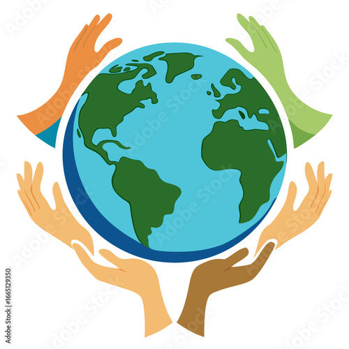 Diverse hands gently cradle the vibrant Earth, symbolizing global unity, care, and a shared future for humanity and our planet.