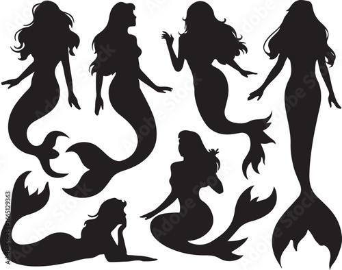 Collection of black mermaid silhouettes in various poses