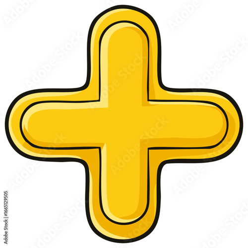 Bright yellow rounded volumetric plus sign icon with black outline