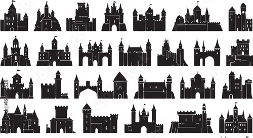 Collection of black silhouette medieval castles and fortresses