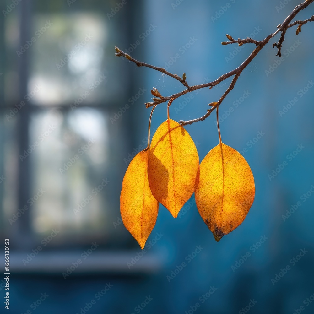 Obraz premium Three sunlit, golden-yellow leaves clinging to a bare branch against a blurred teal building backdrop