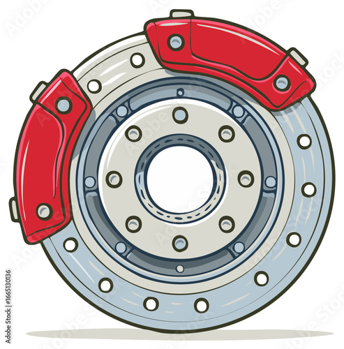 Modern Car Disc Brake Assembly with Vivid Red Caliper Design Concept Element