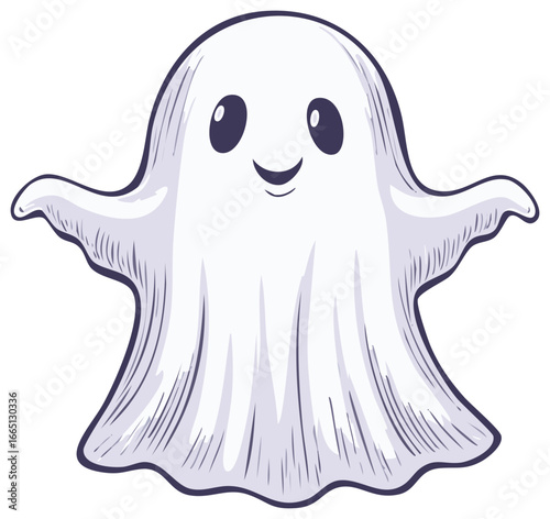 Cute friendly ghost character with wide eyes and a smile waving arms for Halloween