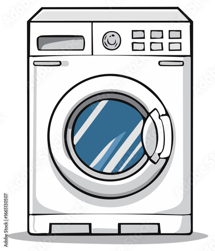 Cartoon illustration of a modern white washing machine with a blue-tinted door