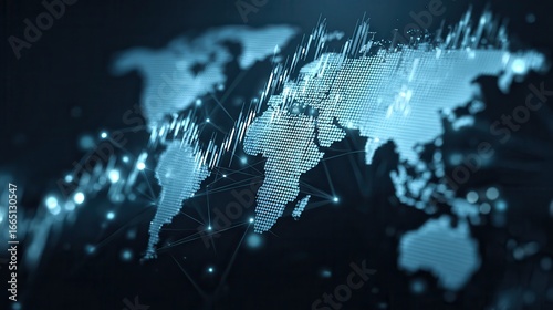 Global financial risk management, interconnected business sectors across countries, datadriven analysis of international trade risks, corporate decisionmaking technology.