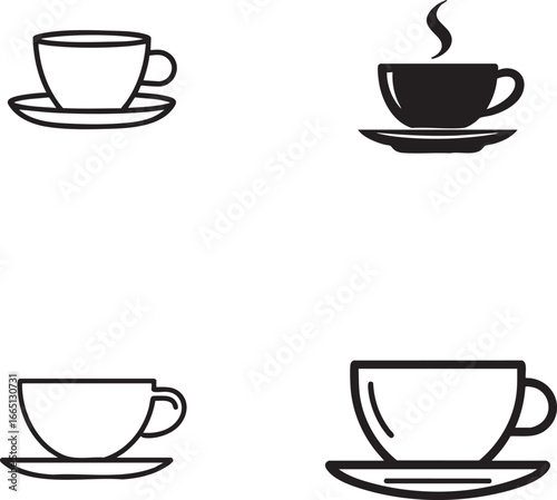Collection of four stylized coffee cup and saucer icons in a clean line art and silhouette design for beverage and cafe themes