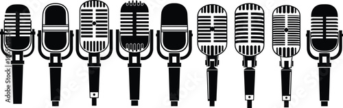 Microphone collection icon set, mic graphics, black pictograms, audio recording symbols, vector illustrations, studio icons, vintage microphone designs