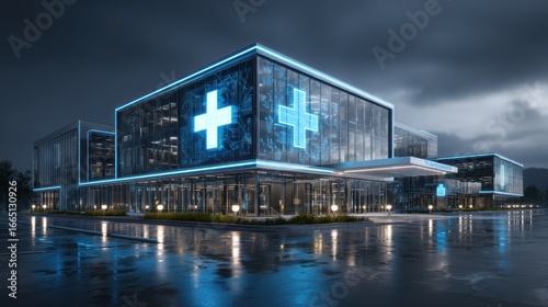 Modern hospital at dusk with blue cross lights and wet ground used for healthcare