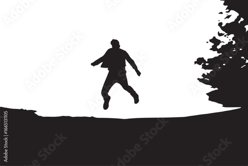 Silhouette of a man jumping against a white background with abstract shapes