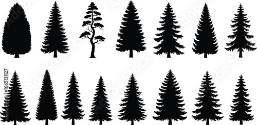 Tree collection icon set, forest graphics, black pictograms, evergreen symbols, vector illustrations, nature silhouettes, pine figures, woodland designs