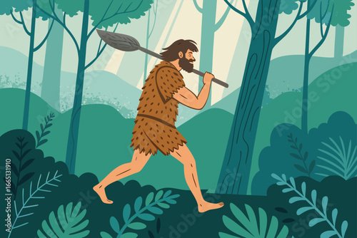 Caveman with stone club walks through a verdant forest.