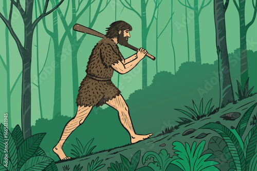 Caveman with stone club walks through a prehistoric forest.