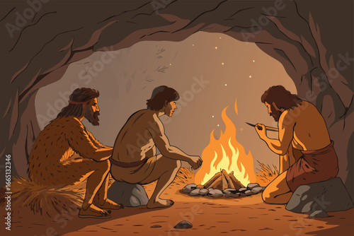 Cavepeople gathered around a fire inside a dark cave.