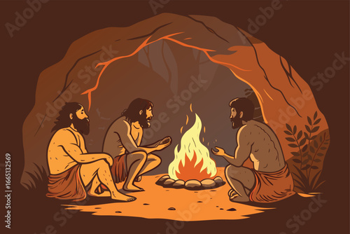 Cavemen gather around a fire in a dark cave.