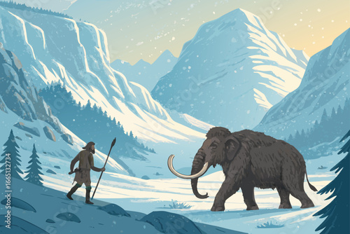 Prehistoric hunter guides mammoth across a frozen valley.