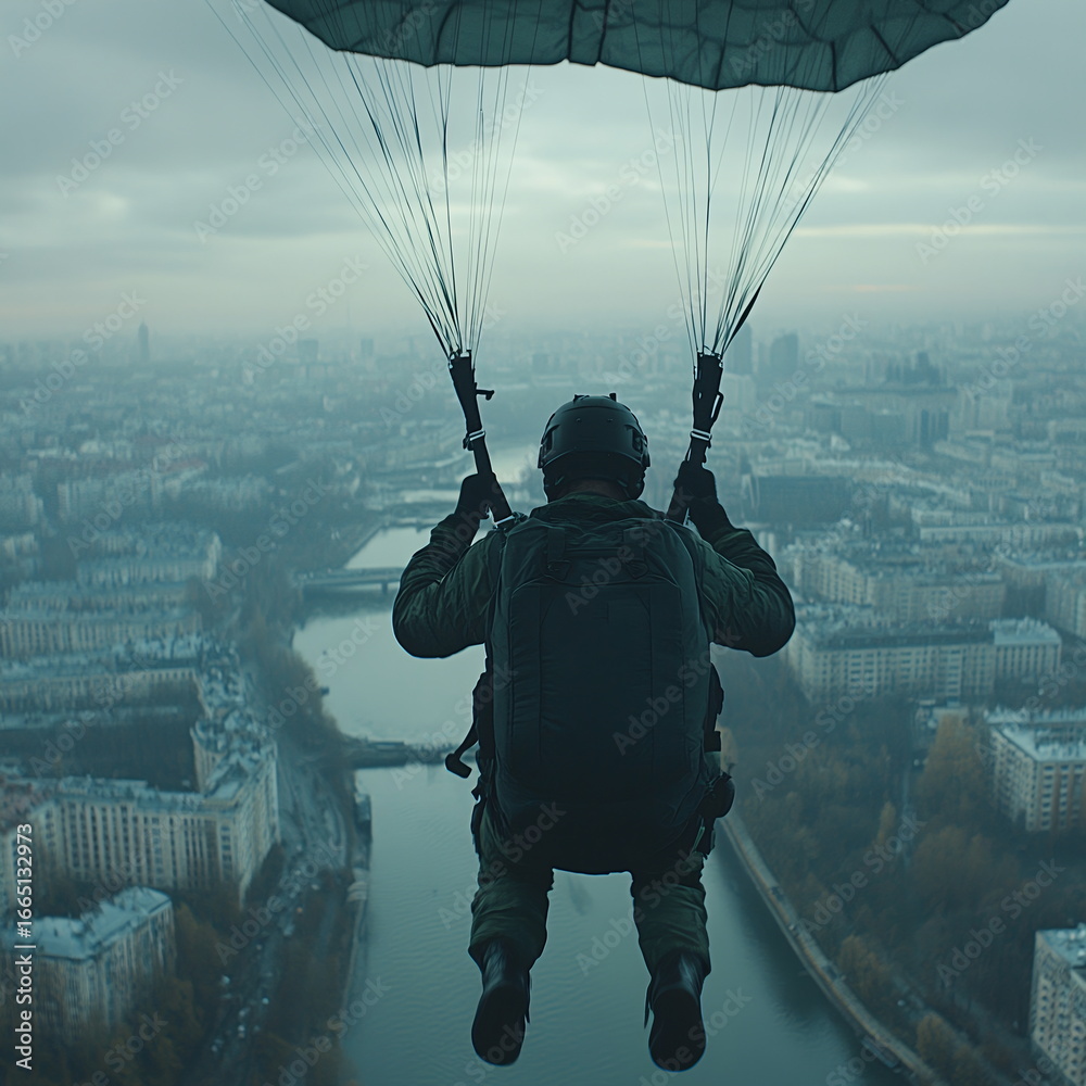 Naklejka premium Secret agent parachuting over a cityscape at twilight with a sense of mysterious urgency