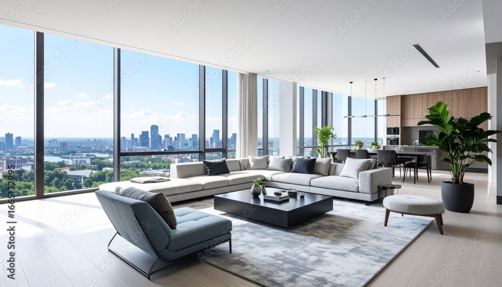 Fototapeta premium Contemporary Living Room with Large Windows and City View