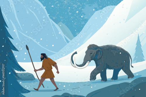 Caveman leading mammoth through a snowy valley.