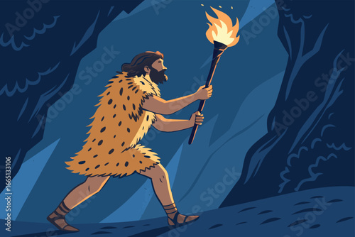 Caveman in fur holding a torch in a dark cave.