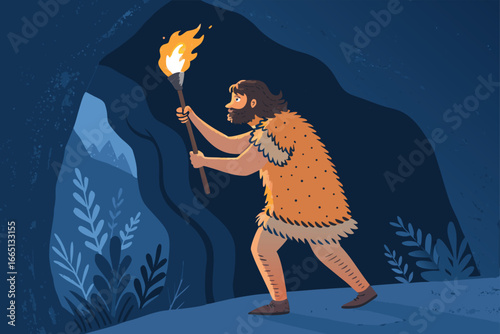 Caveman in furs holding a torch in a dark cave.
