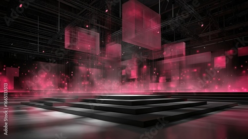 Futuristic stage with glowing pink cubes modern exhibition booth technology event dramatic lighting abstract background immersive atmosphere digital showcase creative design