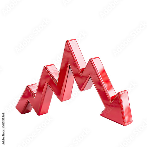 Shiny 3D red downward arrow depicting a loss, decline, or financial crisis