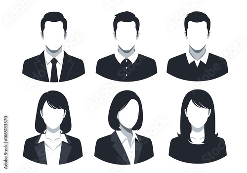 Six faceless figures arranged in a grid showcasing professional attire and various hairstyles