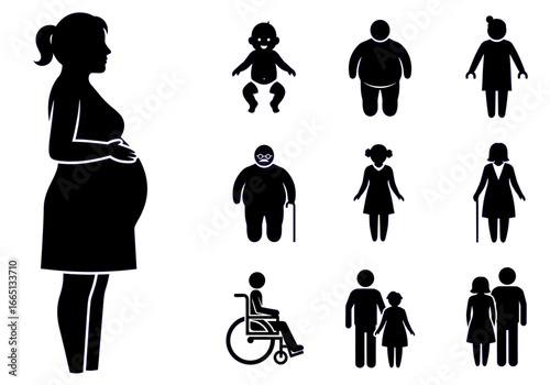 Silhouettes showcasing stages of life from pregnancy to baby to adulthood to old age and wheelchair user