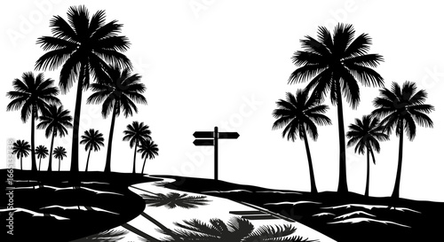 A tropical scene featuring palm trees and a signpost, all rendered as a graphic silhouette image