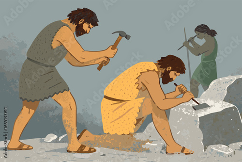 Prehistoric people crafting stone tools, flat, bold palette.