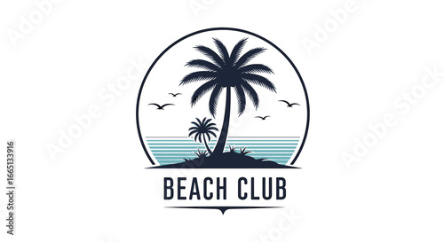 Beach club emblem featuring palm trees birds and ocean waves inside a circle shape design vector graphic